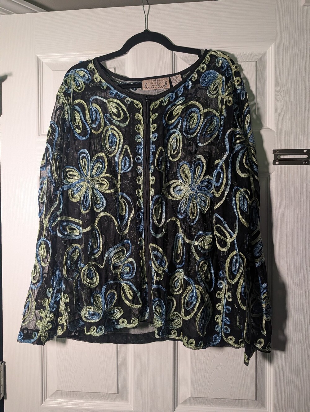 Vintage Life Style 2X Black Sheer Mesh Zip Jacket Blue Green Embroidered Floral